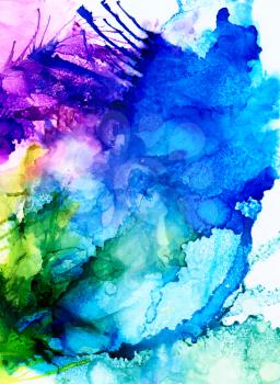Abstract raster blue splashes with purple and green.Colorful background hand drawn with bright inks and watercolor paints. Color splashes and splatters create uneven artistic modern design.