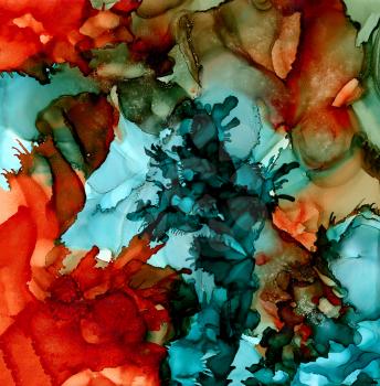 Abstract raster textured turquoise with orange.Colorful background hand drawn with bright inks and watercolor paints. Color splashes and splatters create uneven artistic modern design.