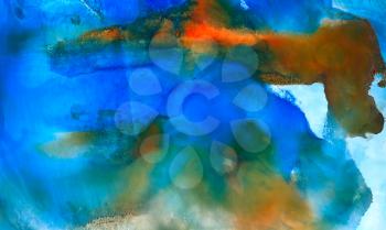 Abstract smooth smudged painted blue orange.Colorful background hand drawn with bright inks and watercolor paints. Color splashes and splatters create uneven artistic modern design.