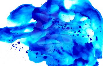 Big blue splash textured.Colorful background hand drawn with bright inks and watercolor paints. Color splashes and splatters create uneven artistic modern design.
