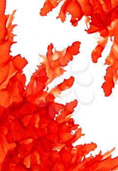 Orange splash corner frame.Abstractl background hand drawn with bright inks and watercolor paints. Color splashes and splatters create uneven artistic modern design.