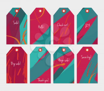 Striped strokes with grunge bright pink green tag set.Creative universal gift tags.Hand drawn textures.Ethic tribal design.Ready to print sale labels Isolated on layer.