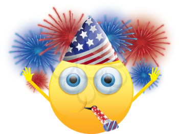 Royalty Free Clipart Image of a Happy Face in an American Party Hat With Noisemaker and Fireworks