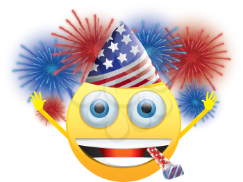 Royalty Free Clipart Image of a Celebrating American Happy Face With Fireworks