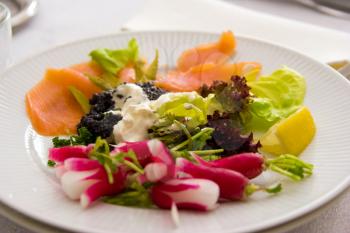 Smoked salmon with salad in a white plate