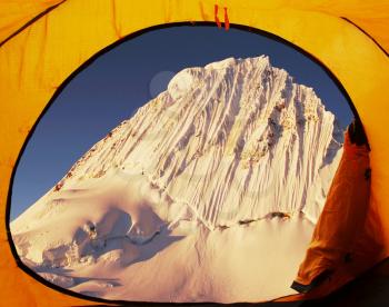 Royalty Free Photo of the View of a Mountain From Inside a Tent