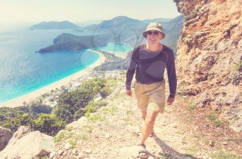 Hiking in famous Lycian Way in the Turkey. Backpacker in the trail.