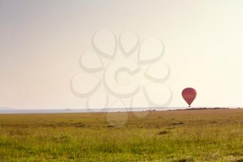 Sunrise over the Masai Mara, with a air balloons above bush. Travel background.