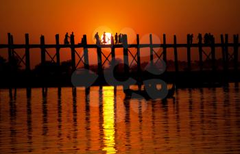 famous tick U-Bein bridge at sunset near Mandalay, Myanmar