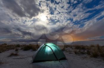 Tent in moonlight in White Sands Dunes, New Mexico,USA
