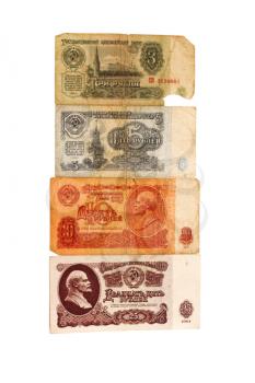 Set from four old Soviet banknotes on a white background