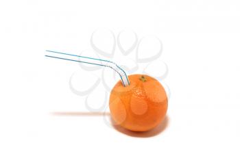 Tangerine with straw on a white background