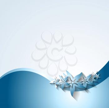 Abstract waves and flowers. Vector blue background