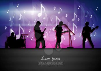 Music rock party abstract background. Silhouettes and notes vector poster design