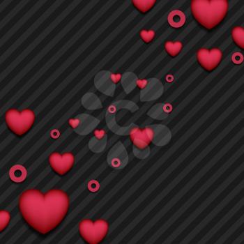 Red pink hearts on black striped background. Valentines Day abstract vector design