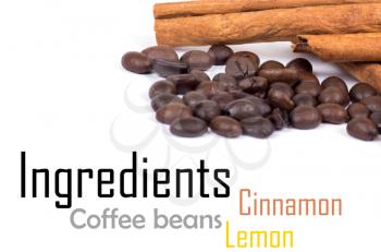 cinnamon, lemon and coffee beans isolated on white