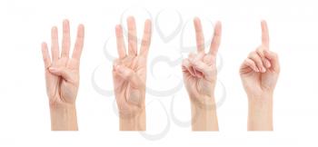 Counting woman hands (1 to 4) isolated on white background
