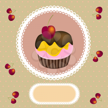 Royalty Free Clipart Image of a Background With a Cupcake on It and Cherries Around It