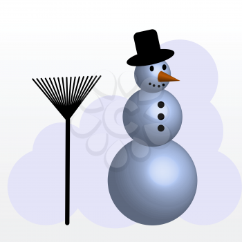 Royalty Free Clipart Image of a Snowman With a Rake
