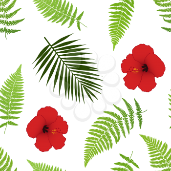 Red hibiscus and palm leaves seamless pattern. Vector illustration.