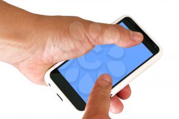 Mobile phone with blank screen in a man's hand. Isolated on a white background.