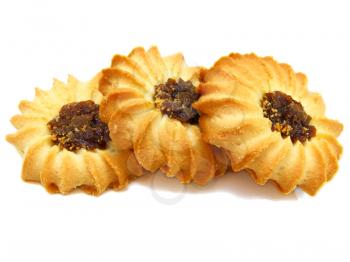 Tasty cookies with jam on a white background