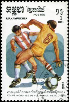 CAMBODIA - CIRCA 1986:stamp printed by Cambodia, shows 1986 World Cup Soccer Championships Mexico, circa 1986.