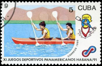 CUBA - CIRCA 1990: A post stamp printed CUBA, 1991 Pan American Games in Havana, Cuba, kayak sport , circa 1990