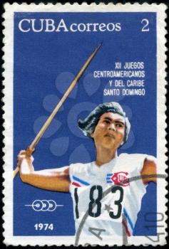 CUBA-CIRCA 1974 : A post stamp printed in Cuba shows Javelin, series 12th Central American and Caribbean Games, Santo Domingo, circa 1974