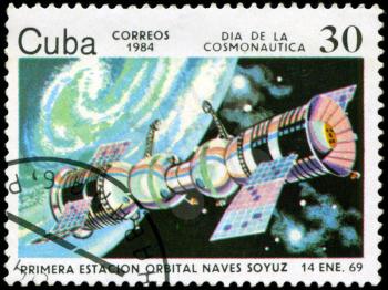 CUBA CIRCA 1984: stamp printed by CUBA, shows Cosmonautics Day - Soyuz satellite Jimagua January 14, 1969, CIRCA 1984