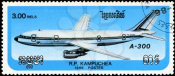 CAMBODIA - CIRCA 1986: stamp printed by Cambodia, shows airplane A-300, circa 1986.