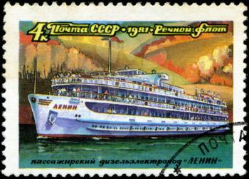 USSR - CIRCA 1981: A stamp printed in USSR (Russia) shows a ship with the inscription Lenin (tourist ship), from the series Russian river fleet, circa 1981