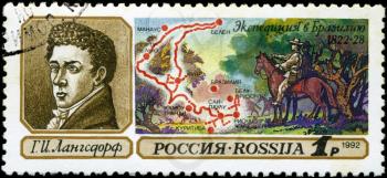 USSR - CIRCA 1992: stamp printed in USSR  shows portrait of langedorf and map of Brazil with the inscription langedorf ,  expedition to Brazil 1822 - 28, circa 1992.