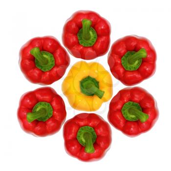 Top view, red and yellow sweet  bell pepper isolated on white background