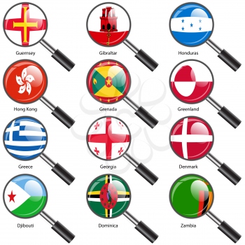 Set  Flags of world sovereign states Magnifying glass. Vector illustration. Set number 5. Exact colors. Easy changes.