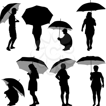 Black silhouettes man and woman under umbrella. Vector illustrations.