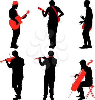 Silhouettes street musicians playing instruments. Vector illustration.