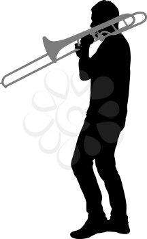 Silhouette of musician playing the trombone on a white background.