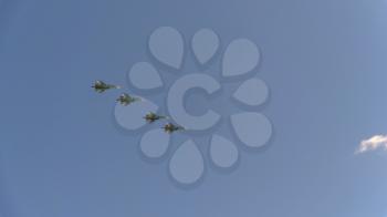 MOSCOW - MAY 7: Four bombers Su-34 fly in sky on training parade in honor of Great Patriotic War victory on May 7, 2017 in Moscow, Russia.