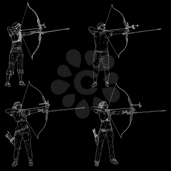 Set Sketches silhouettes attractive female and male archer bending a bow and aiming in the target.