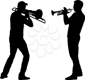 Silhouette of musician playing the trombone and trumpet on a white background.