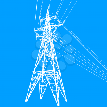 Silhouette of high voltage power lines on blue background illustration.