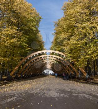 Sokolniki park, sunny autumn day wooden arch.