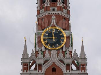Moscow Kremlin Main Clock named Kuranti on Spasskaya Tower 12 hours . Red Square.