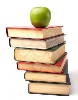 book stack with apple isolated on white background