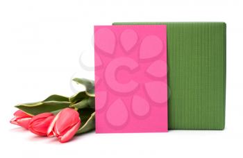 gift with pink tulips  isolated on white background