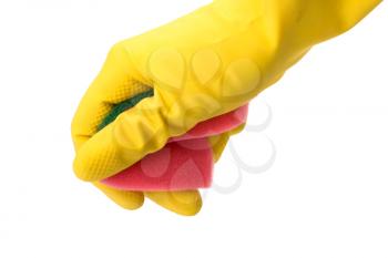 Hand in yellow glove with sponge isolated on white background