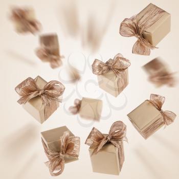 Flying gold gifts background