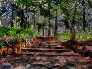 Royalty Free Photo of Steps in a Forest Painting
