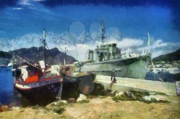 Royalty Free Photo of an Illustration on Canvas of Boats in Harbour 